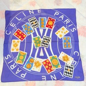 Celine Purple Scarf with Gold and Black Card Design cotton Handkerchief